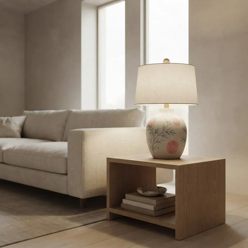 Ceramic table lamp collection with decorative sculptural bases for bedroom and living room lighting