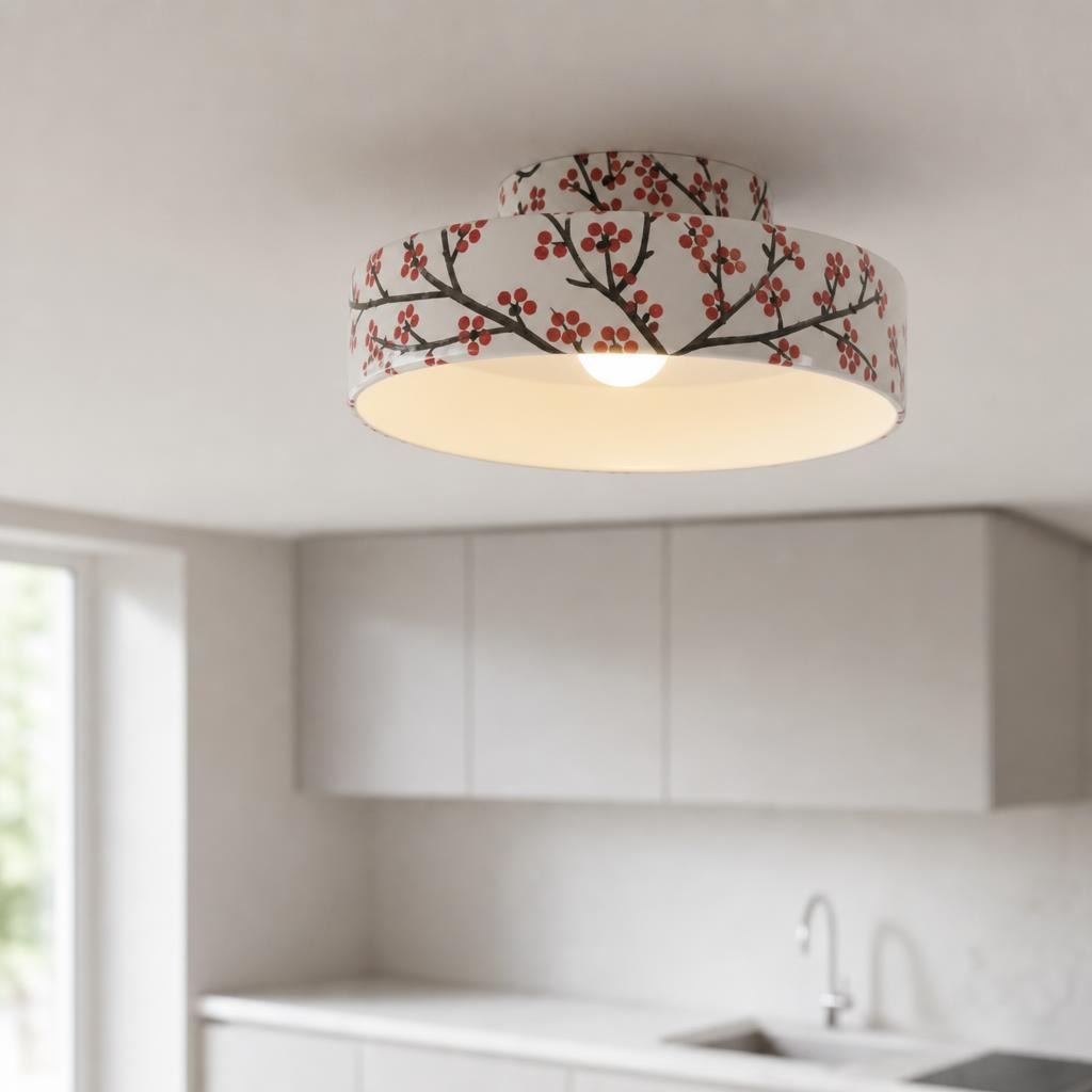 Tiered ceramic pendant light with cream shade, dark branches and red berry design