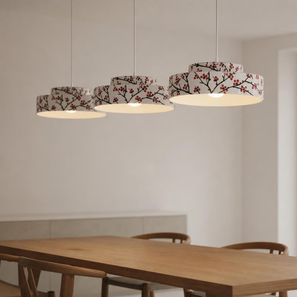Tiered ceramic ceiling light with botanical branch and red berry pattern