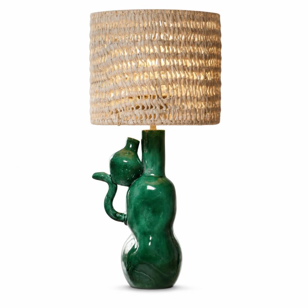 Sculptural Green Ceramic Table Lamp with Woven Shade shown in a clean front product view