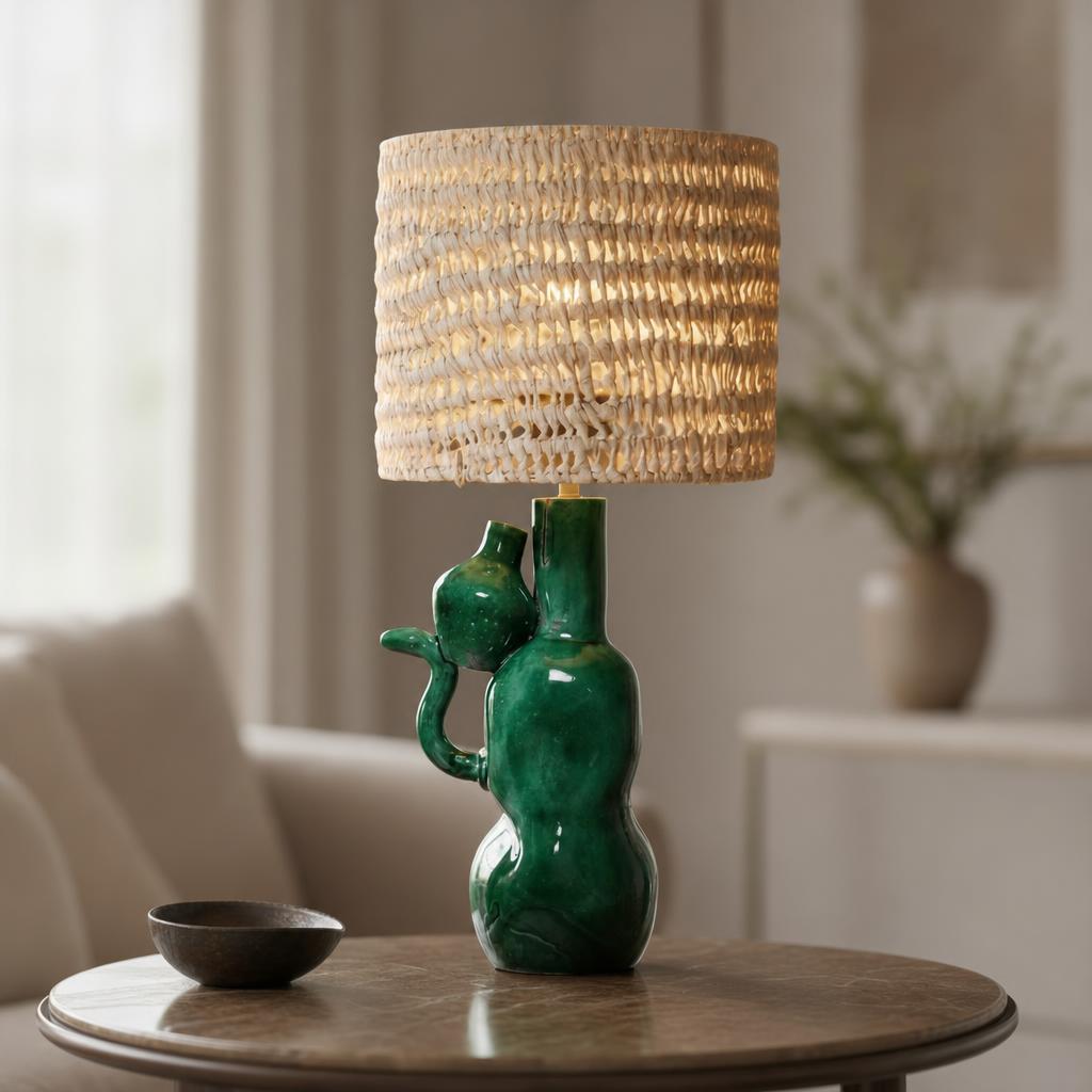 Sculptural Green Ceramic Table Lamp with Woven Shade styled in a warm modern interior