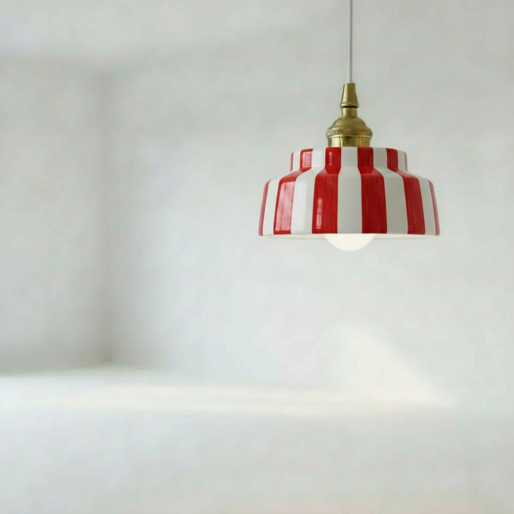 Red Striped Ceramic Pendant Light with Brass-Tone Cap shown in a product view