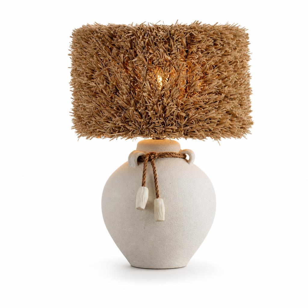 Textured White Ceramic Urn Table Lamp with Natural Shade shown in a clean front product view