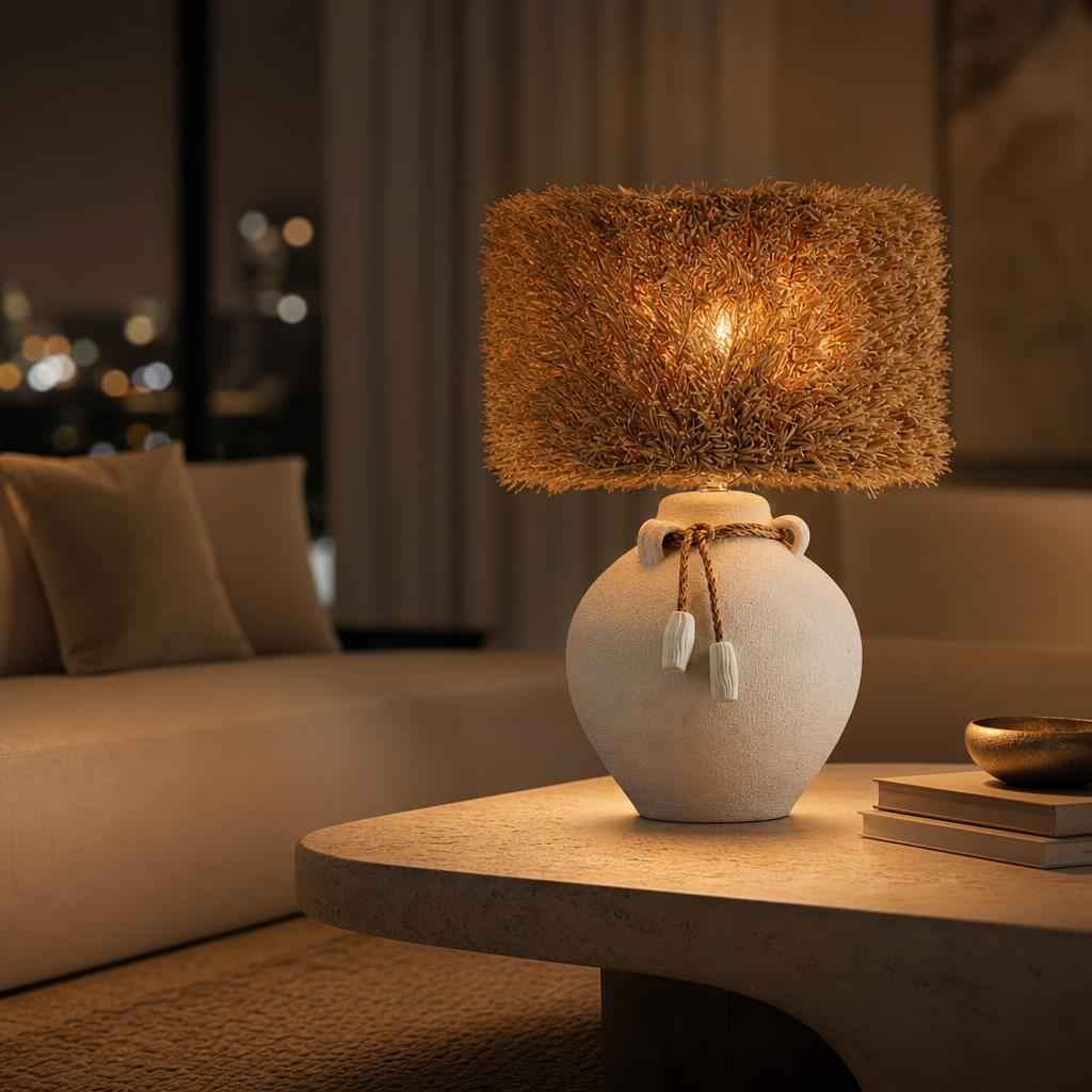 Textured White Ceramic Urn Table Lamp with Natural Shade styled in a warm modern interior